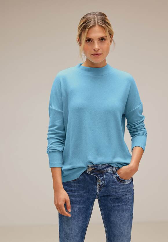 STREET ONE Cosy Shirt Mel. - ONE Damen Online-Shop Blue mit Light Ziernaht | Aquamarine STREET