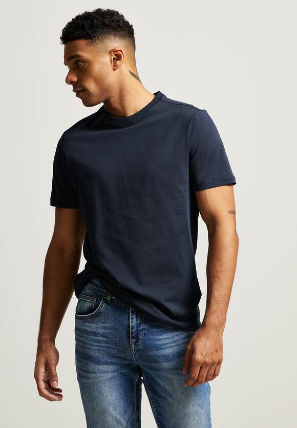 STREET ONE MEN Basic T-Shirt in Unifarbe Herren - Deep Navy Blue | STREET  ONE Online-Shop