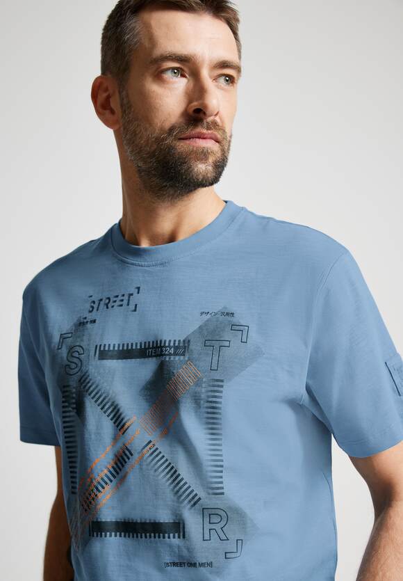 STREET ONE MEN Slub Print - Blue Herren T-Shirt Smoky | ONE STREET Online-Shop