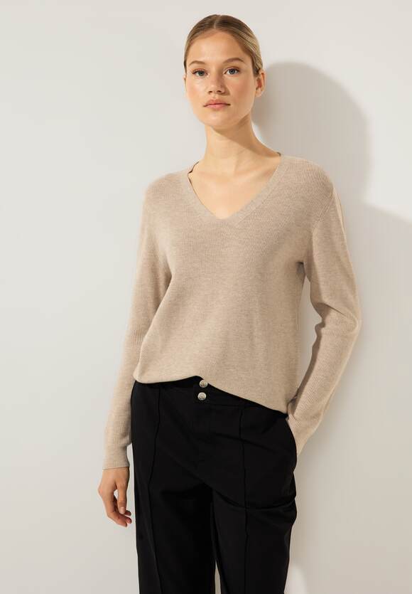 STREET ONE Pullover mit V-Ausschnitt Damen - Bleached Sand Melange | STREET  ONE Online-Shop