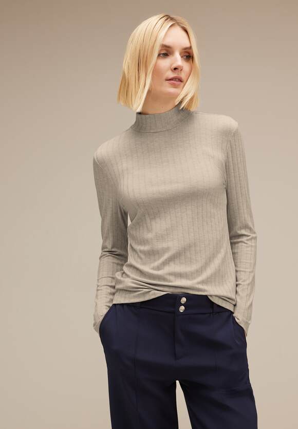 STREET ONE Geripptes Langarmshirt Damen - Spring Sand Melange | STREET ONE  Online-Shop