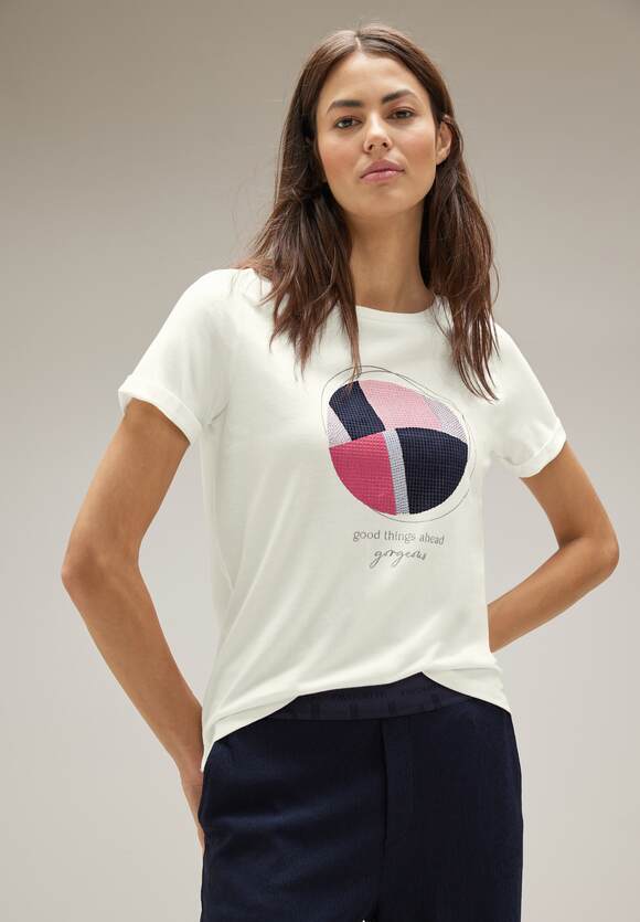 STREET ONE T-Shirt mit Steinchendeko Damen - Off White | STREET ONE  Online-Shop
