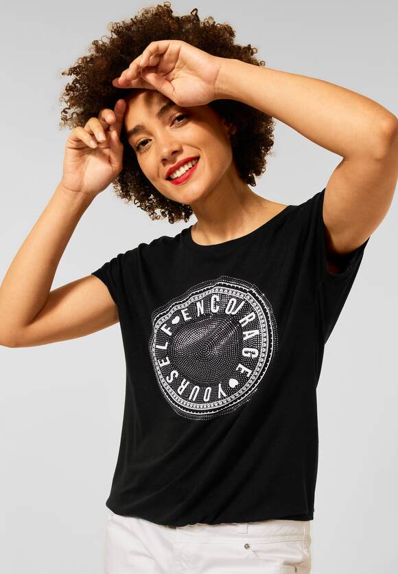 STREET ONE T-Shirt mit Steinchen Print Damen - Black | STREET ONE  Online-Shop