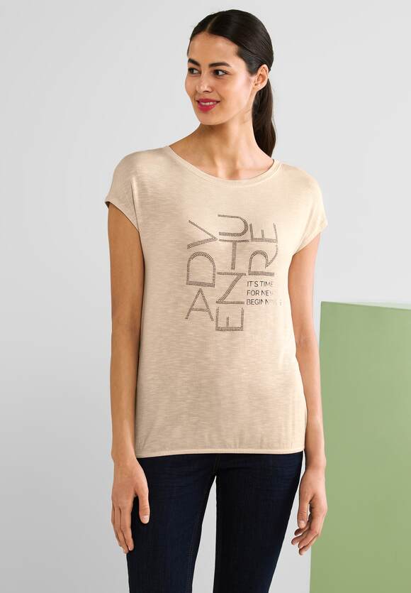 Melange Smooth T-Shirt Damen STREET ONE Steinchenwording ONE Light - Sand Online-Shop | STREET mit