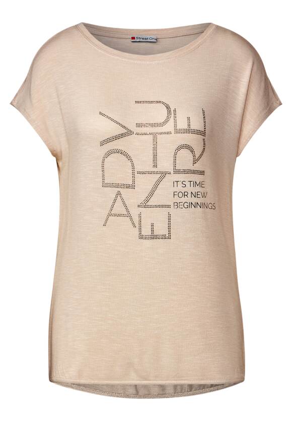 STREET ONE T-shirt met wording met steentjes Dames - Smooth Sand Melange | STREET Online-Shop