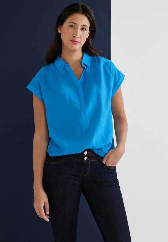 Hemdkragen mit ONE Online-Shop ONE Damen Blue Kurzarmbluse | Splash STREET - STREET