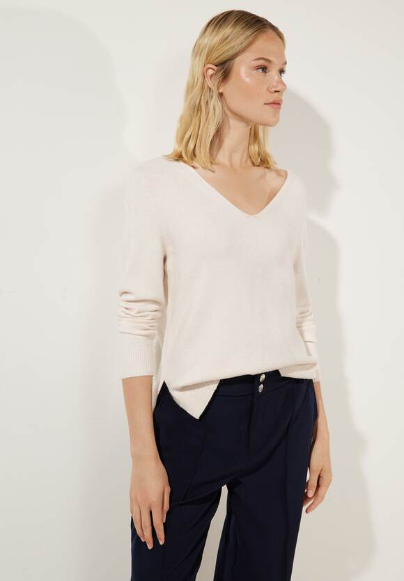 STREET ONE Pullover mit V-Ausschnitt Damen - Cream White Melange | STREET  ONE Online-Shop | V-Shirts