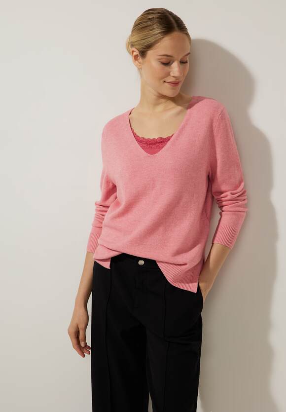 STREET ONE Softes Melange Langarmshirt Damen - Style Mina - Nu Pink Melange  | STREET ONE Online-Shop