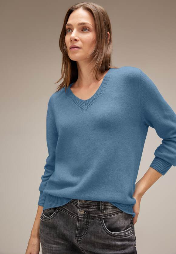 STREET ONE V-Neck Pullover Damen Satin Blue ONE STREET Online-Shop | Melange 